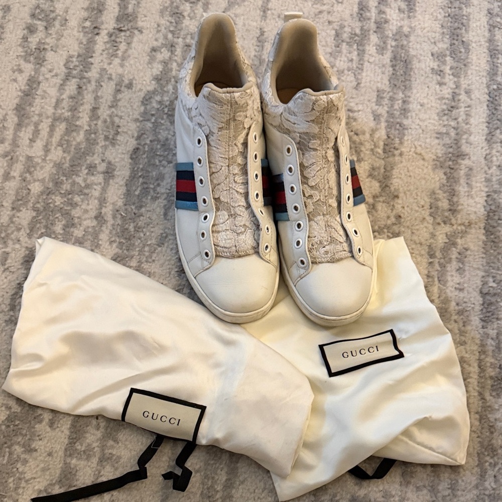 Gucci White Lace Sneakers with Red and Blue Accents